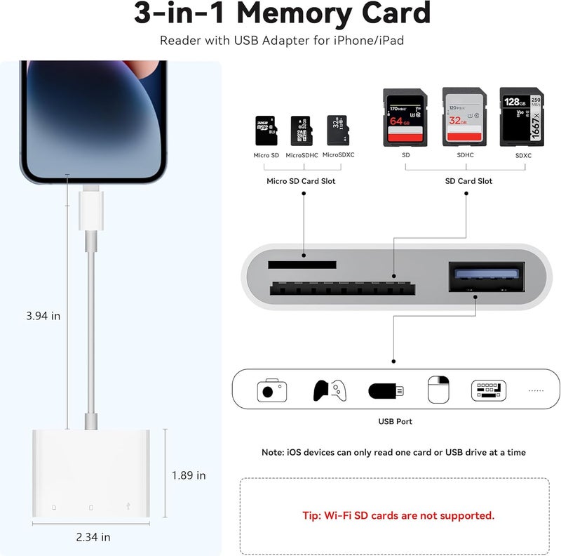 SUNTRSI SD Card Reader for iPhone iPad, Micro SD Card Reader Memory Card Reader with USB Adapter Plug and Play Trail Game Camera Card Viewer Supports SD and TF Card No App Required - Image 3